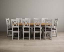 Extending Olympia 180cm Oak and Soft White Painted Dining Table with 10 Brown Painted Chairs