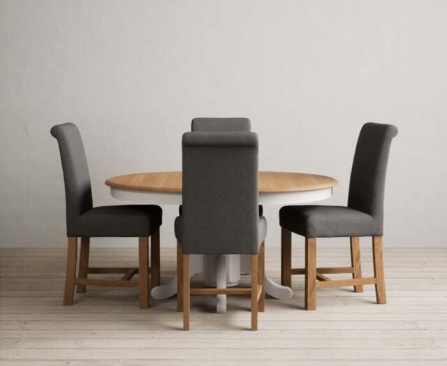 Extending Hertford 100cm - 130cm Oak and Soft White Painted Pedestal Dining Table with 4 Natural Braced Chairs