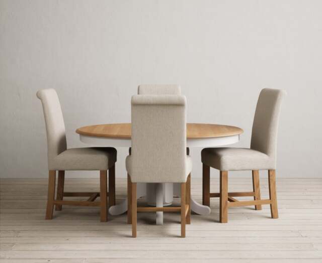 Extending Hertford 100cm - 130cm Oak and Soft White Painted Pedestal Dining Table with 4 Natural Braced Chairs