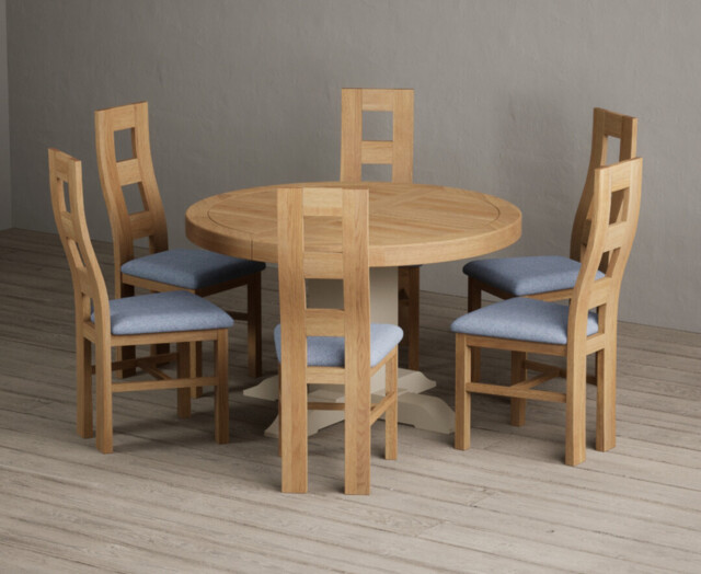 Extending Helmsley Oak and Cream Painted Pedestal Dining Table with 6 Blue Natural Chairs