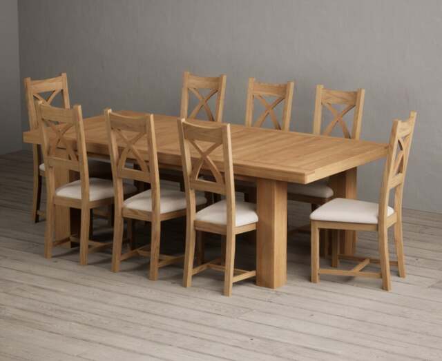 Extending Callington 230cm Oak Dining Table with 8 Linen Natural Solid Oak Chairs
