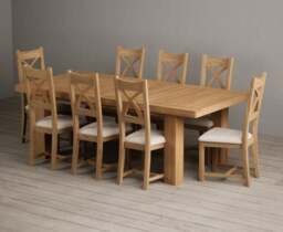 Extending Callington 230cm Oak Dining Table with 8 Linen Natural Solid Oak Chairs