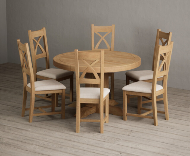 Extending Helmsley Solid Oak Pedestal Dining Table with 6 Linen Natural Solid Oak Chairs