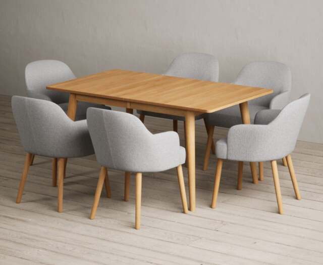 Extending Ruben 150cm Retro Oak Dining Table with 10 Light Grey Oliver Chairs