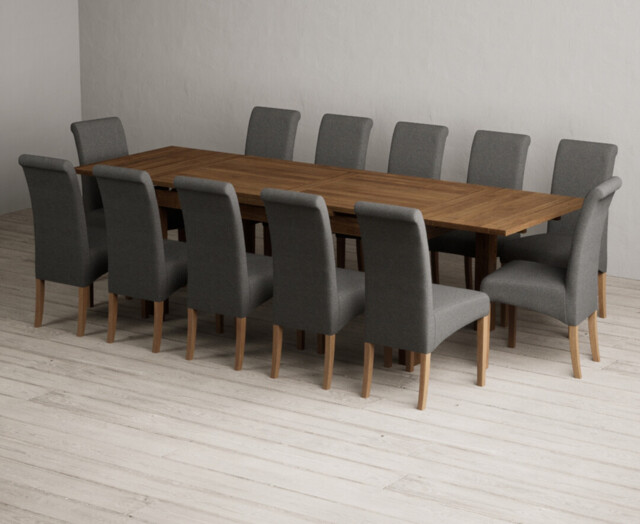 Extending Buxton 180cm Rustic Solid Oak Dining Table with 12 Charcoal Grey Scroll Back Chairs