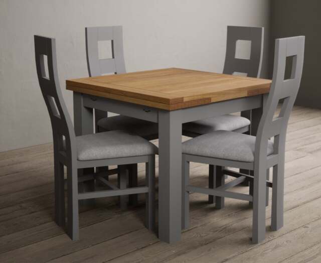 Extending Buxton 90cm Oak and Light Grey Dining Table with 4 Charcoal Grey Painted Chairs