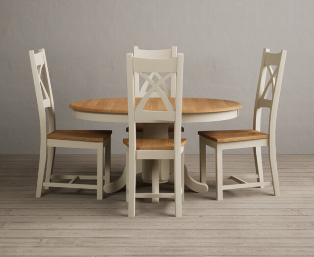 Extending Hertford 100cm - 130cm Oak and Cream Painted Pedestal Dining Table with 4 Oak Painted Chairs