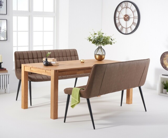 Thetford 150cm Oak Dining Table with Thetford 45cm Oak Extensions with 2 Brown Benches