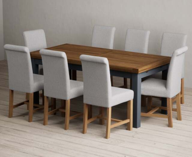Extending Buxton 180cm Oak and Dark Blue Painted Dining Table with 6 Natural Braced Chairs