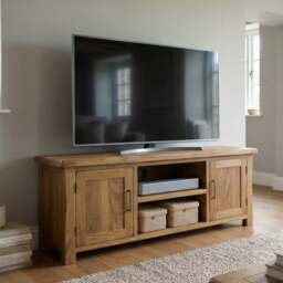 Rustic Solid Oak Wide TV Cabinet - 2 Doors & Shelf