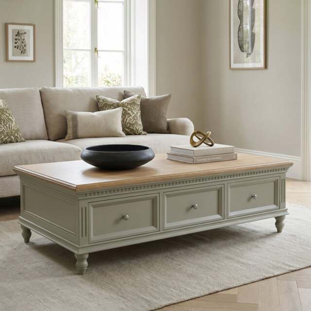 Francis Oak and Soft Green Painted 6 Drawer Extra Large Coffee Table