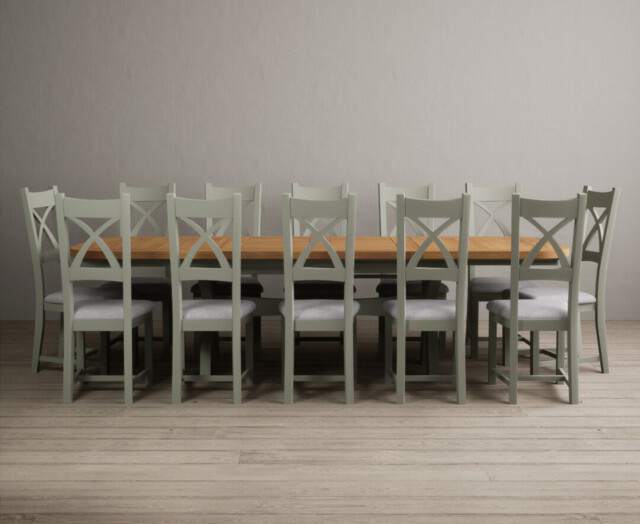 Extending Olympia 180cm Oak and Soft Green Dining Table with 12 Light Grey Painted Chairs