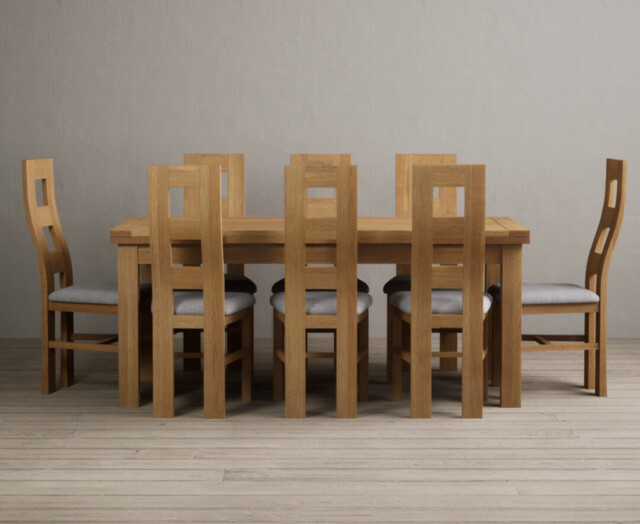 Extending Buxton 180cm Solid Oak Dining Table with 8 Light Grey Natural Chairs