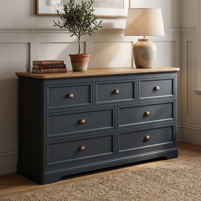 Bridstow Oak and Blue Painted Wide Chest Of Drawers