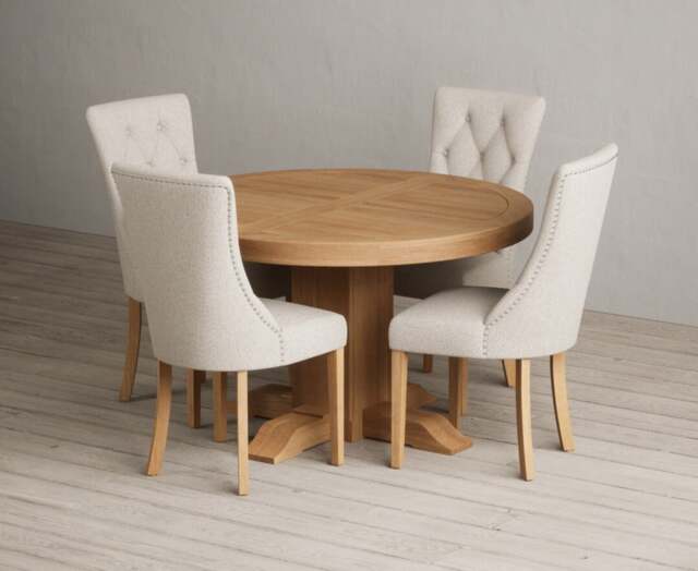 Extending Helmsley Solid Oak Pedestal Dining Table with 8 Natural Beatrix Chairs