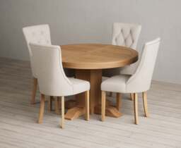 Extending Helmsley Solid Oak Pedestal Dining Table with 8 Natural Beatrix Chairs