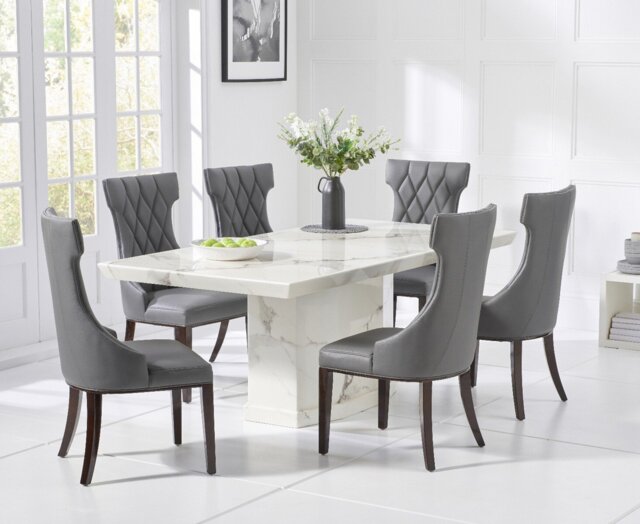Carvelle 200cm White Pedestal Marble Dining Table with 6 Grey Sophia Chairs