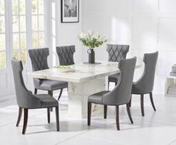 Carvelle 200cm White Pedestal Marble Dining Table with 6 Grey Sophia Chairs