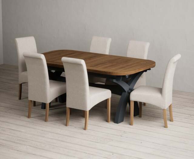 Extending Olympia 180cm Oak and Dark Blue Dining Table with 6 Natural Scroll Back Chairs