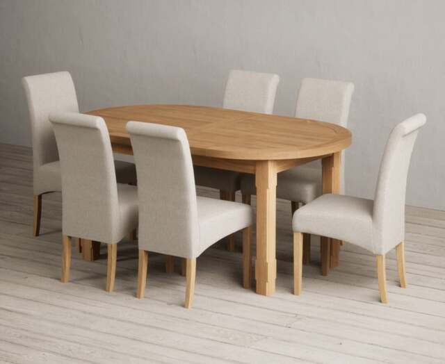 Extending Caversham Oak Oval Dining Table with 6 Natural Scroll Back Chairs
