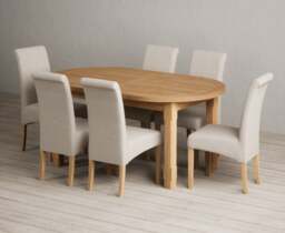 Extending Caversham Oak Oval Dining Table with 6 Natural Scroll Back Chairs