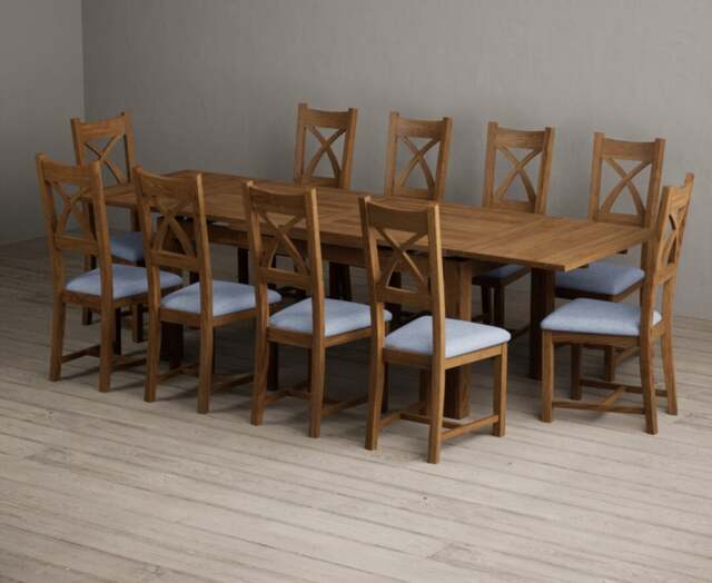Extending Buxton 180cm Rustic Solid Oak Dining Table with 10 Blue Rustic Solid Oak Chairs