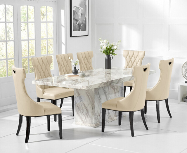 Marino 220cm Marble Dining Table with 6 Cream Sophia Chairs