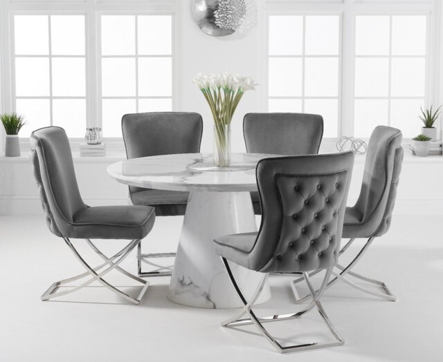Ravello 130cm Round White Marble Dining Table with 4 Grey Lorenzo Chairs