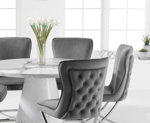 Ravello 130cm Round White Marble Dining Table with 4 Grey Lorenzo Chairs