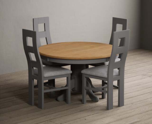 Hertford 120cm Fixed Top Oak and Light Grey Painted Dining Table with 4 Light Grey Painted Chairs