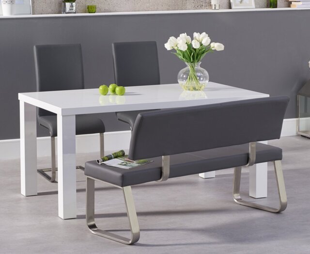 Seattle 160cm White High Gloss Dining Table with 2 Grey Austin Chairs and 2 Grey Benches