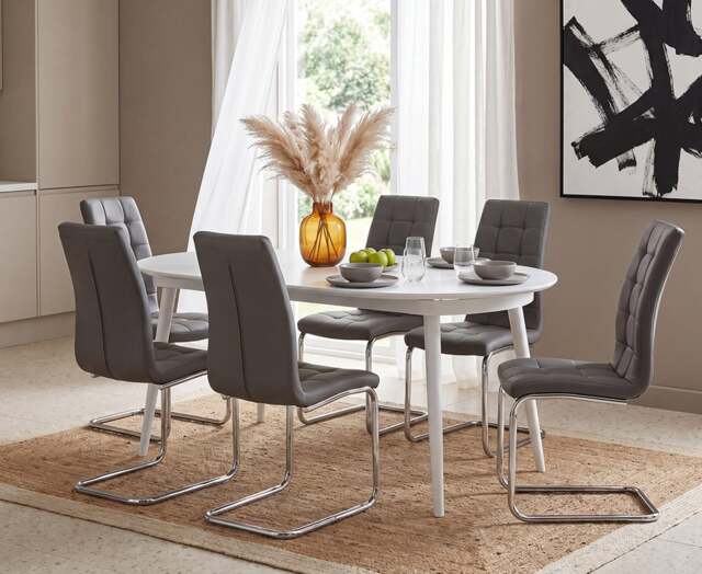 Extending Veneti White High Gloss Dining Table with 6 Grey Vigo Chairs