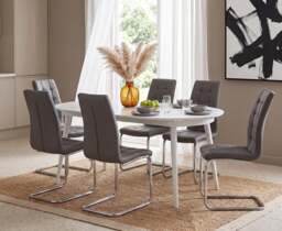 Extending Veneti White High Gloss Dining Table with 6 Grey Vigo Chairs
