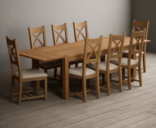 Extending Thetford 180cm Solid Oak Dining Table with 6 Linen Natural Solid Oak Chairs