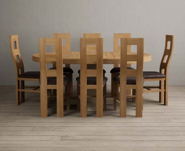 Extending Helmsley Oak and Cream Painted Pedestal Dining Table with 8 Brown Natural Chairs