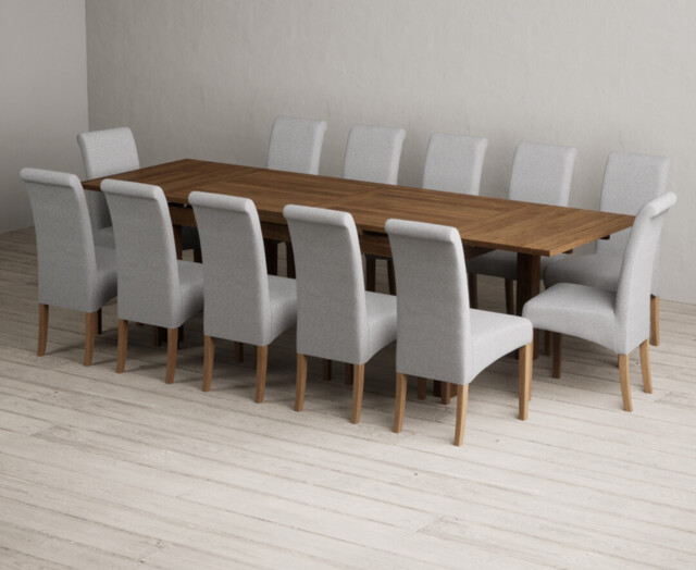 Extending Buxton 180cm Rustic Solid Oak Dining Table with 12 Grey Scroll Back Chairs