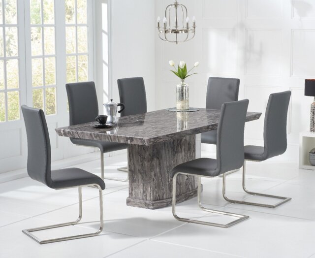 Carvelle 200cm Grey Pedestal Marble Dining Table with 6 Grey Austin Chairs