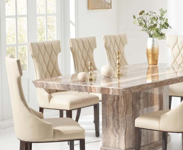 Carvelle 160cm Brown Pedestal Marble Dining Table with 6 Cream Sophia Chairs