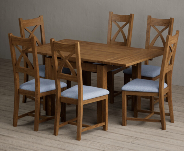 Extending Buxton 90cm Rustic Solid Oak Dining Table with 6 Blue Rustic Solid Oak Chairs