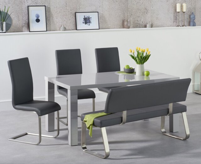 Seattle 160cm Light Grey High Gloss Dining Table with 2 Grey Austin Chairs and 2 Grey Benches