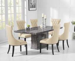 Carvelle 200cm Dark Grey Pedestal Marble Dining Table with 12 Cream Sophia Chairs