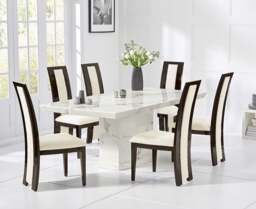 Carvelle 200cm White Pedestal Marble Dining Table with 6 Brown Novara Chairs