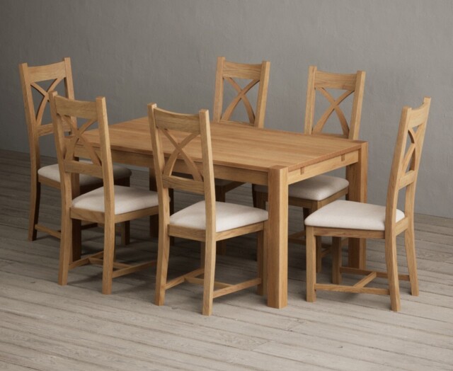 Thetford 150cm Solid Oak Dining Table with 6 Linen Natural Solid Oak Chairs