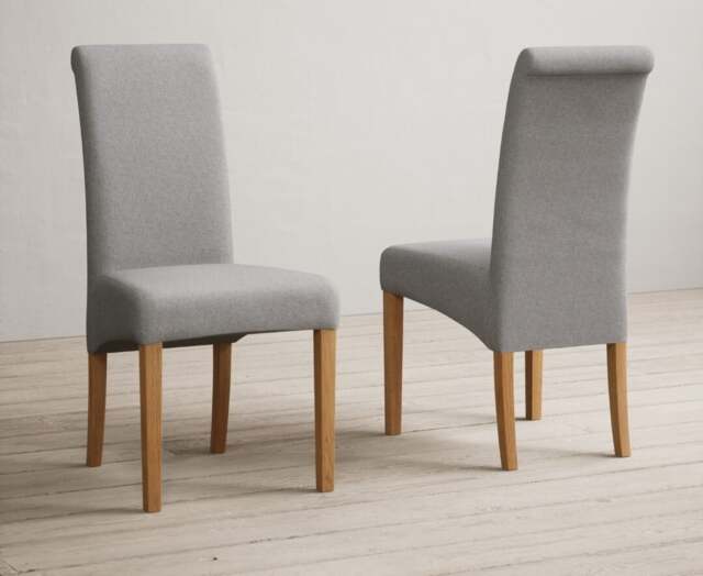 Hertford 120cm Fixed Top Solid Oak Round Pedestal Table with 4 Grey Scroll Back Chairs