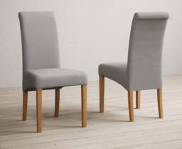 Hertford 120cm Fixed Top Solid Oak Round Pedestal Table with 4 Grey Scroll Back Chairs