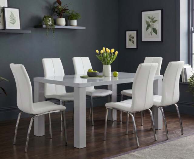 Seattle 160cm Light Grey Gloss Dining Table with 6 White Marco Chairs