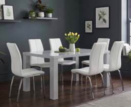 Seattle 160cm Light Grey Gloss Dining Table with 6 White Marco Chairs