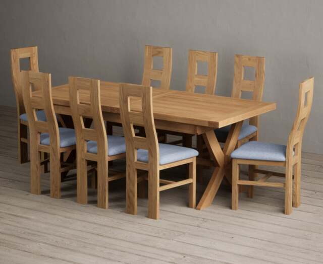 Extending Buckley 200cm Solid Oak Dining Table with 8 Blue Natural Chairs