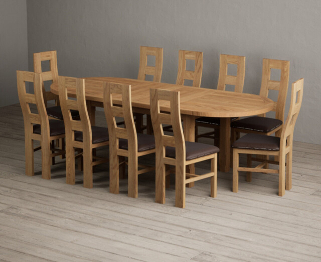 Extending Caversham Oak Oval Dining Table with 10 Brown Natural Chairs