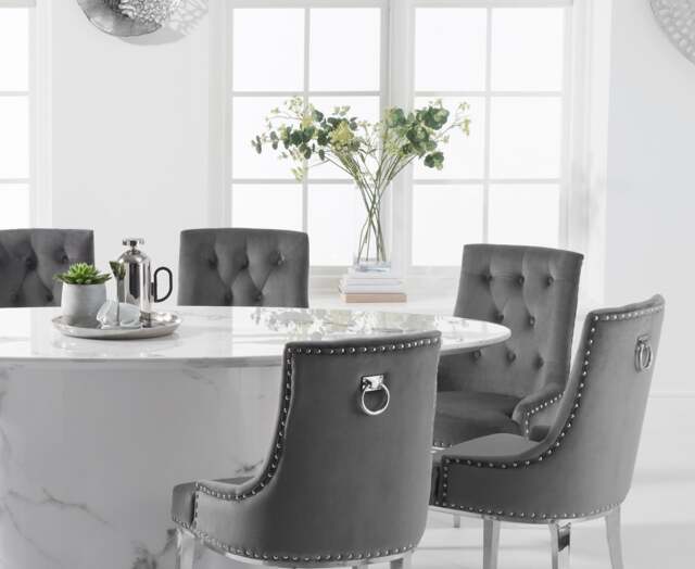 Colby 200cm Oval White Marble Dining Table with 6 Grey Sienna Chairs